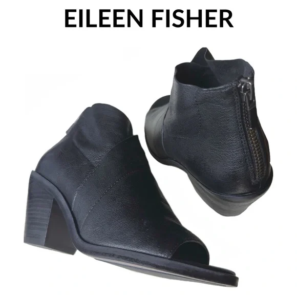 Eileen Fisher • Leather Open Toe Block Heel Bootie • Size 5 US • Black • EUC - Picture 4 of 16